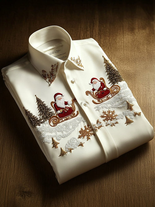 Christmas Men's Business Luxury Santa Claus and Tree Long Sleeve Shirt