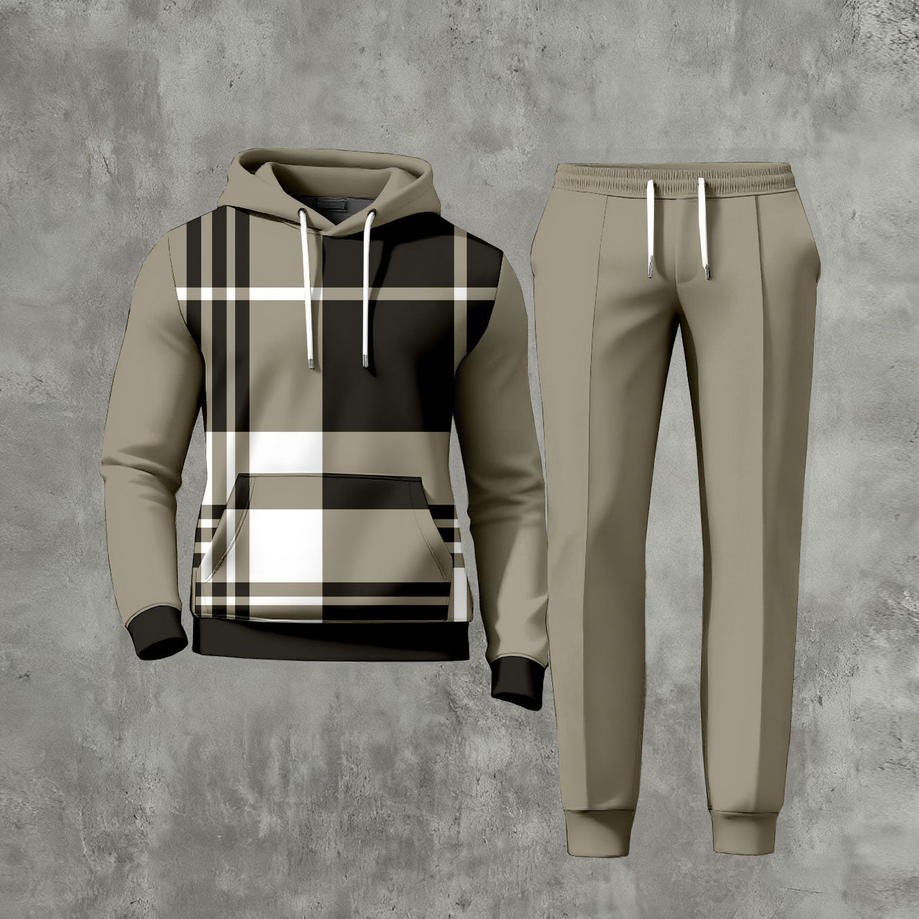 Men's Casual Checked Printed Long-Sleeve Hoodies Sweatshirt & Trousers Khaki Green Two-Piece Set