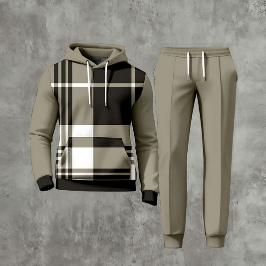 Men's Casual Checked Printed Long-Sleeve Hoodies Sweatshirt & Trousers Khaki Green Two-Piece Set