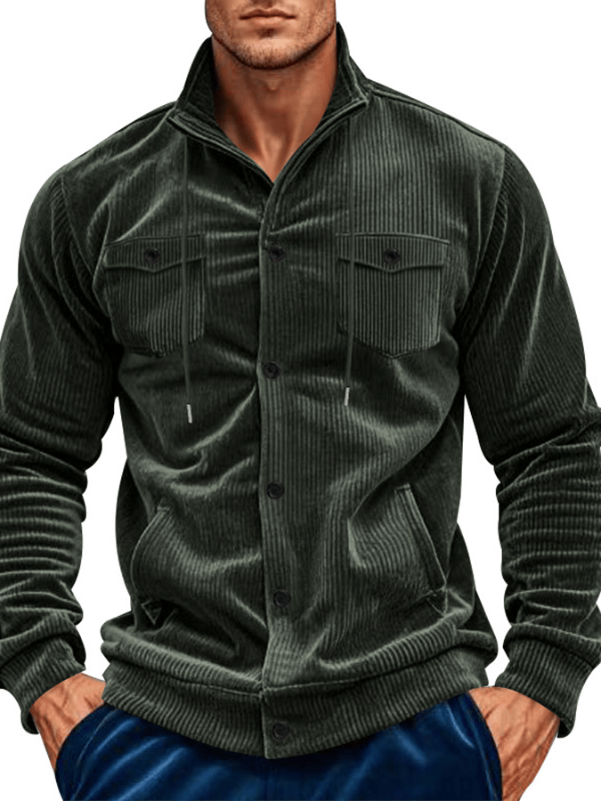 Men's Jacquard Stand Collar Solid Color Retro Multi-Pocket Jacket