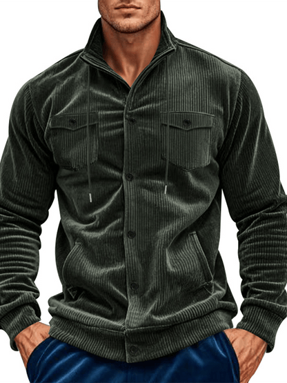 Men's Jacquard Stand Collar Solid Color Retro Multi-Pocket Jacket