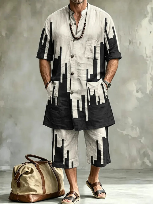 Men's Abstract Art Print Casual Short-sleeve Linen Top Shorts Two-piece