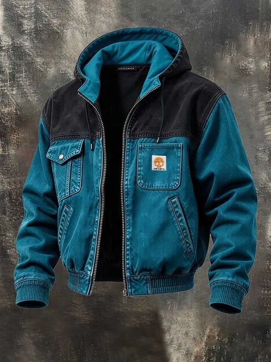 Men's Retro Color-Block Zip-Up Hooded Utility Jacket
