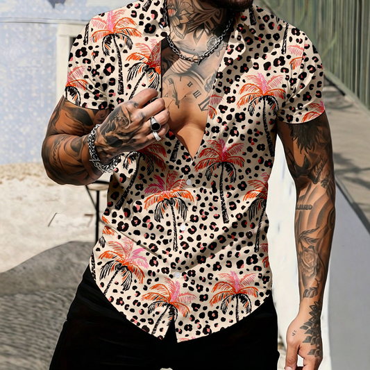 Men's Casual Short-Sleeve Shirt With Coconut Tree And Leopard Print