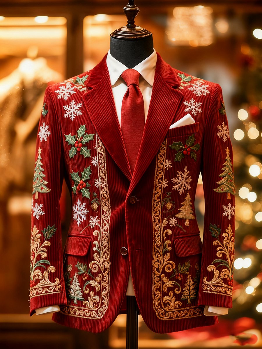 Men's Corduroy Christmas Holly Collar Suit Jacket