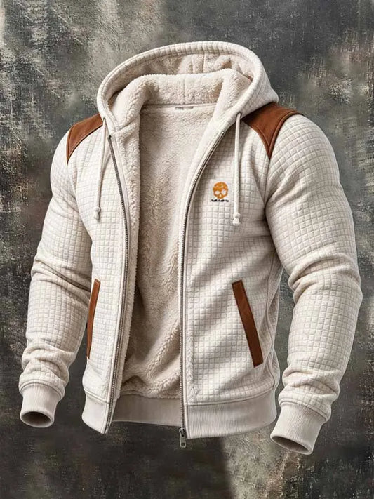Men'S Retro Textured Checkered Faux Suede Hooded Jacket With Fleece Lining And Panel Detailing