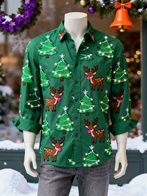 Men's Christmas Evergreen Reindeer Long-Sleeved Shirt