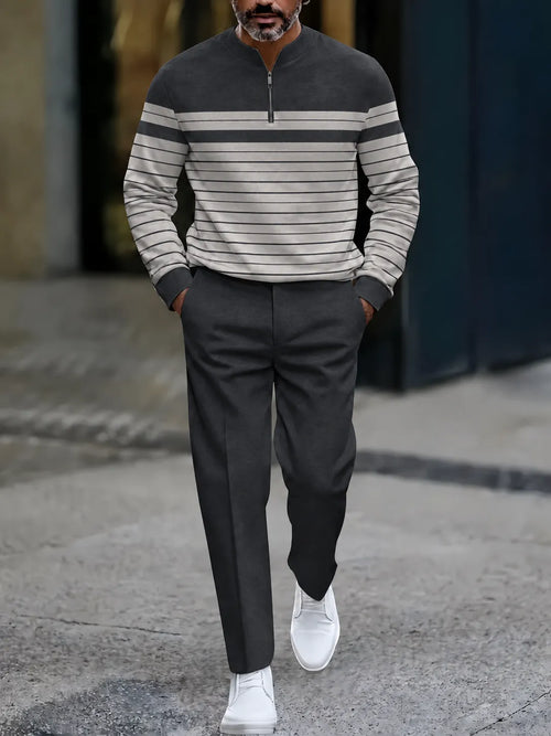 Men's Printed Zipper Polo Shirt and Pants Set