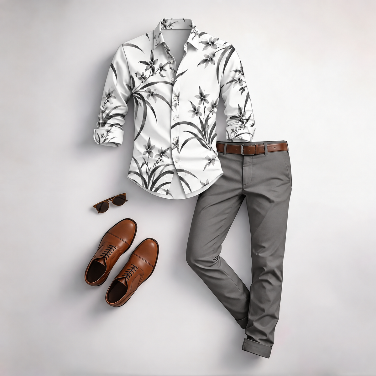 Men's Vintage Floral Print Long-Sleeve Shirt and Pants 2-Piece Set