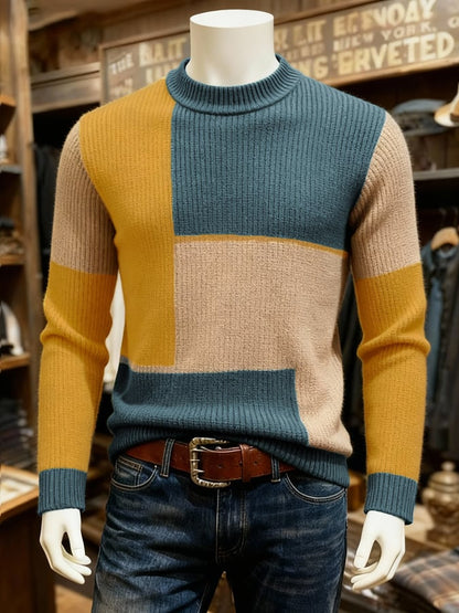 Men'S Warm Ribbed Contrast Color Mid-High Collar Sweater