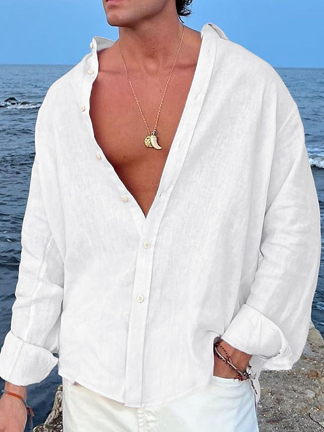 Men's Shirt Linen Shirt Summer Shirt Beach Wear Button Up Shirt Plain Casual Daily Black White Pink Blue Long-Sleeve Lapel Spring & Summer Clothing Apparel