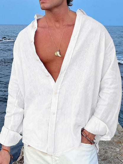 Men's Shirt Linen Shirt Summer Shirt Beach Wear Button Up Shirt Plain Casual Daily Black White Pink Blue Long-Sleeve Lapel Spring & Summer Clothing Apparel
