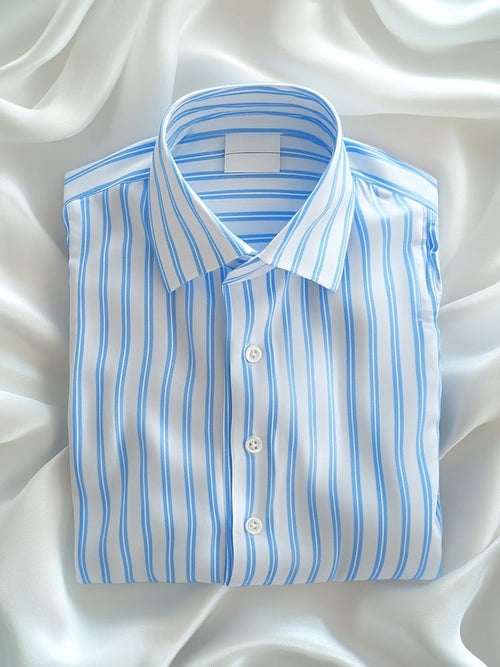 Men's Casual Blue Striped Lapel Short Sleeve Shirt
