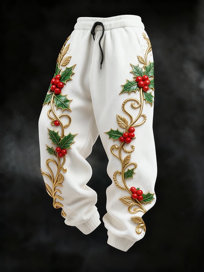 Men's casual Christmas holly sweatpants