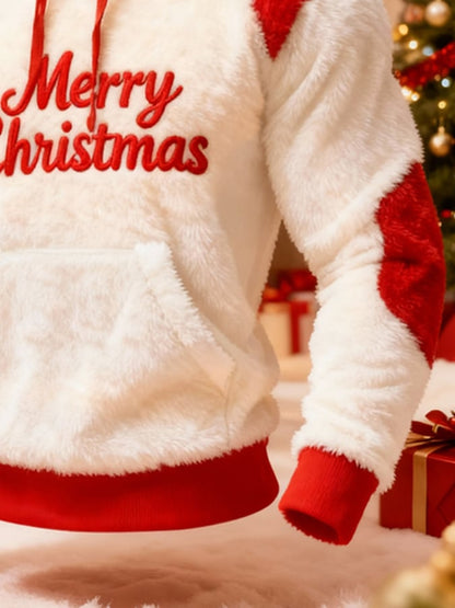 Men'S Plush Warm Color-Blocked Christmas Hooded Sweatshirt