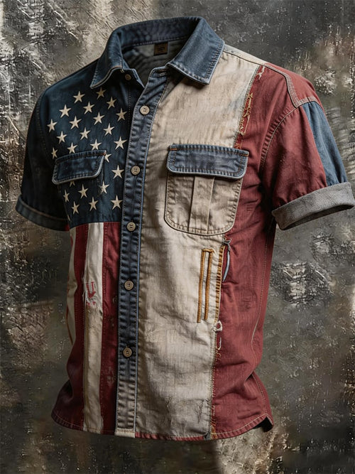 Men's Split American Flag Patchwork Distressed Short Sleeve Shirt, Vintage Button Up Casual Top