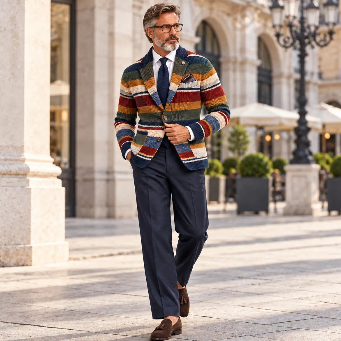 Men's Stylish Colorblock Stripe Notch Lapel Patch Pocket Single Breasted Knit Blazer