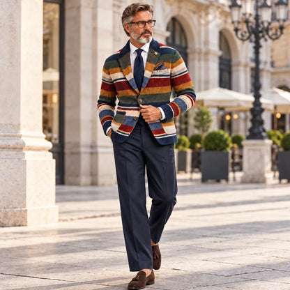 Men's Stylish Colorblock Stripe Notch Lapel Patch Pocket Single Breasted Knit Blazer