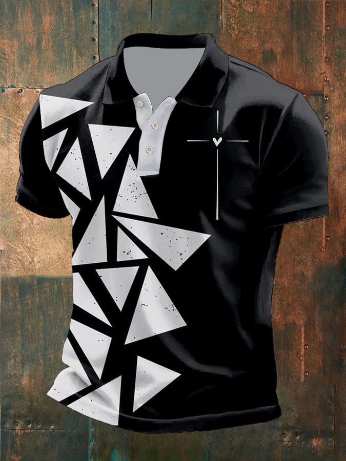 Men's Retro Faith Cross Print Polo Shirt