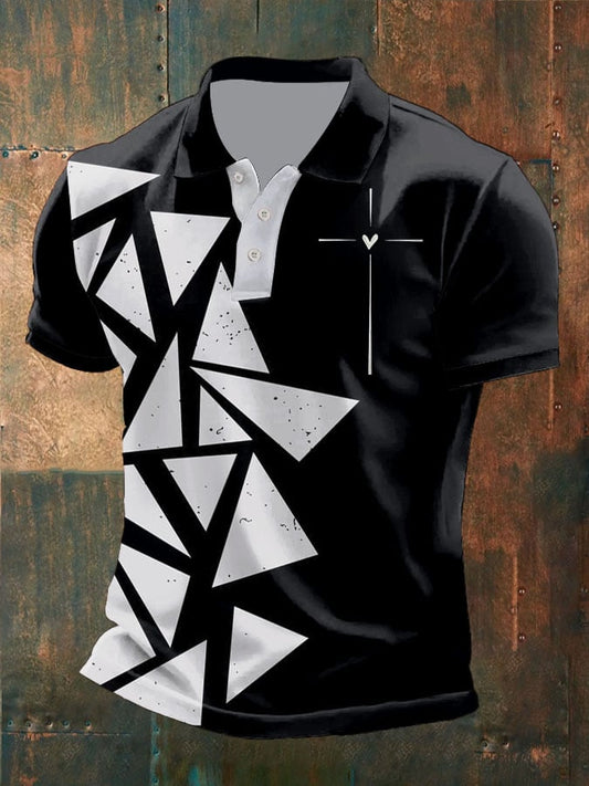 Men's Retro Faith Cross Print Polo Shirt