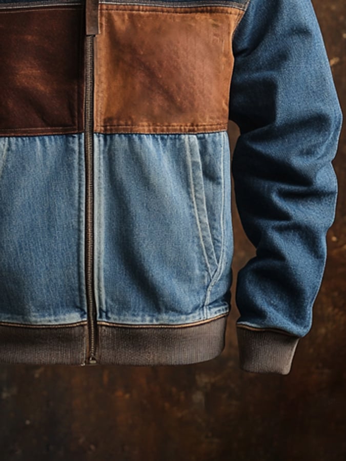 Men's Retro Stitching Contrast Color Zipper Fur Collar Jacket