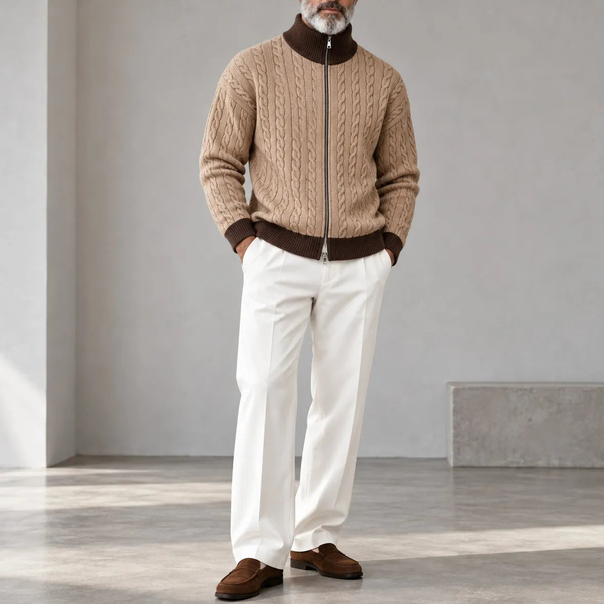 Men's Gray Contrast Trim Stand Collar Cable Knit Zip-Up Cardigan