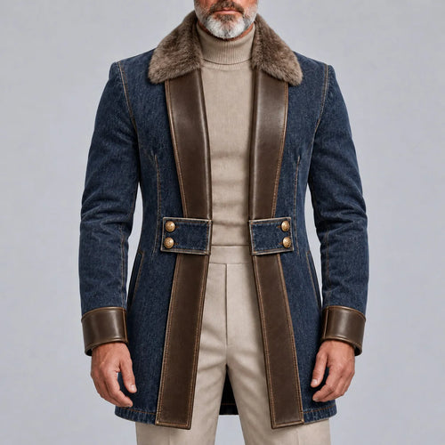 Men's Vintage Navy Blue Denim PU Leather Trim Fuzzy Collar Gold Button Trench Coat
