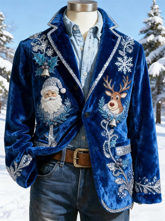 Men's Santa Claus And Reindeer Snowflakes Print Blazer