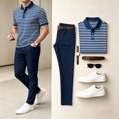 Men's Casual Fine-Striped Printed Short-Sleeve Polo Shirt And Pants Set (Excludes Accessories Such As Watches And Belts)