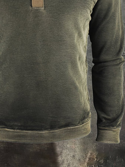Men's Retro Stitching Contrast Color Henley Collar Casual Long Sleeve Sweatshirt