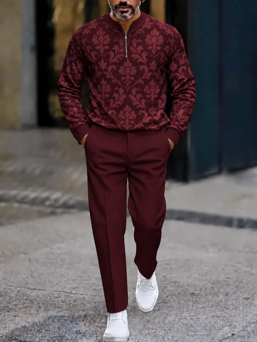Men's Printed Zipper Polo Shirt and Pants Set