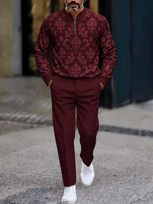 Men's Printed Zipper Polo Shirt and Pants Set
