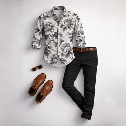 Men's Vintage Floral Print Long-Sleeve Shirt and Pants 2-Piece Set