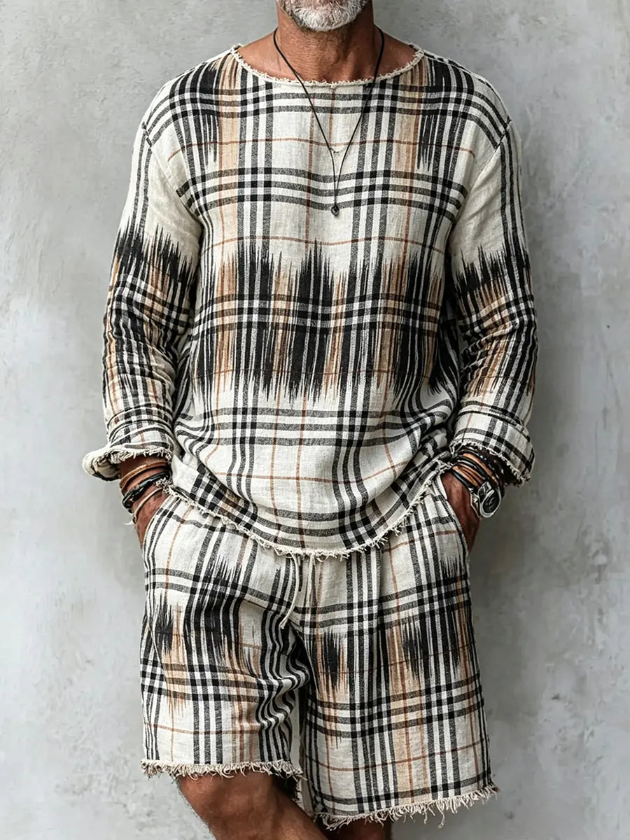 Men's Retro Abstract Print Casual Linen Long-sleeved Top And Shorts Two-piece Se