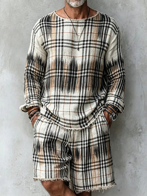 Men's Retro Abstract Print Casual Linen Long-sleeved Top And Shorts Two-piece Se