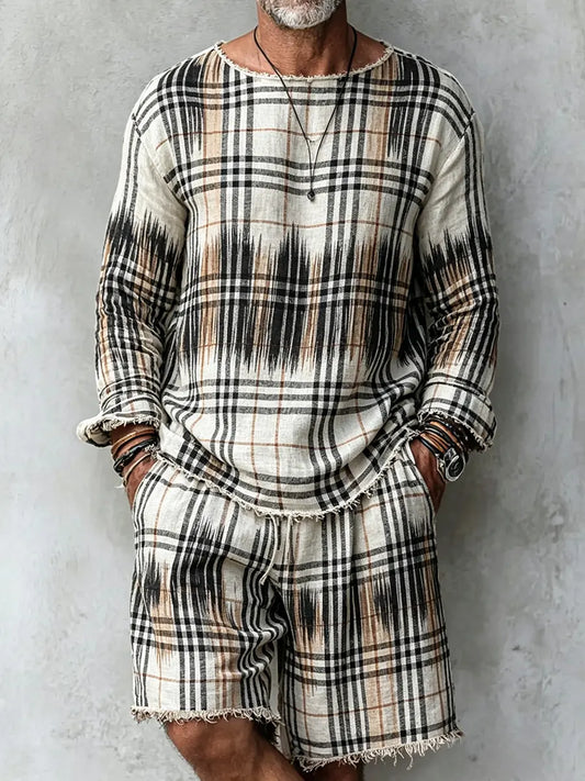 Men's Retro Abstract Print Casual Linen Long-sleeved Top And Shorts Two-piece Se