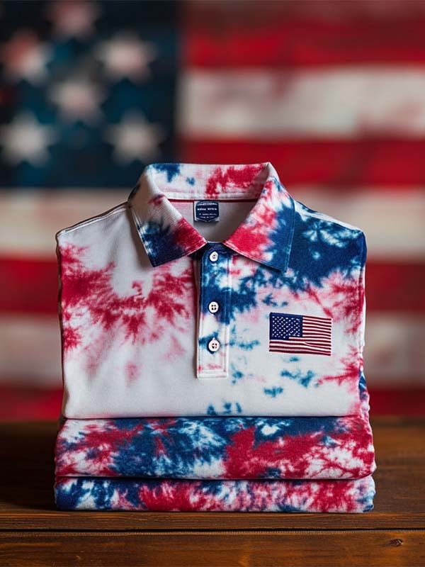 Men's Business Independence Day Tie-Dye Casual Button Short Sleeve Pol