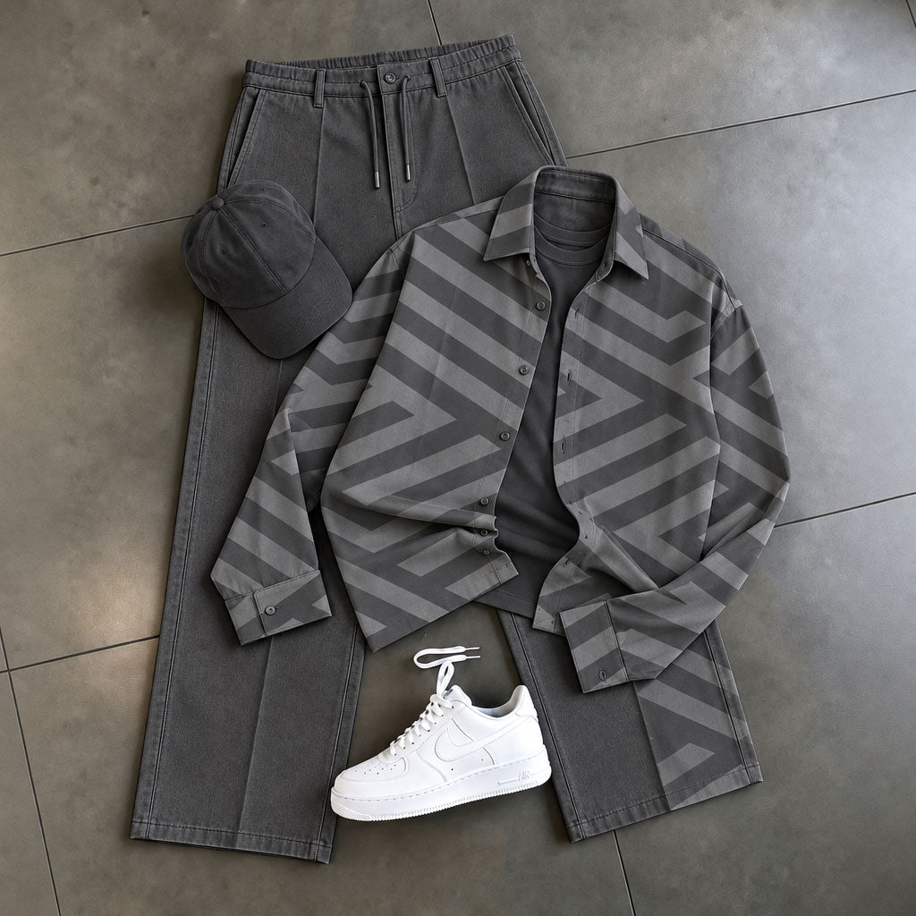 Men's Two-Piece Set: Striped Patchwork Shirt and Pants