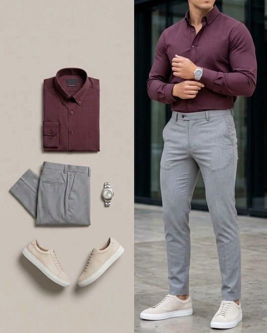 Men's Burgundy Long Sleeve Shirt & Light Gray Pants 2 Piece Outfit Set
