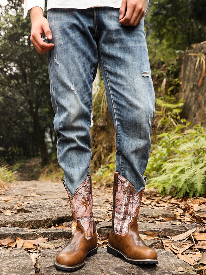 Men's High-Top Embroidered Vintage Wide-Toe Western Cowboy Boots