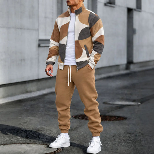 Men's Geometric-Print Stand-Collar Jacket and Pants Set