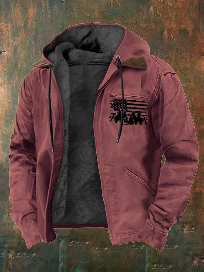 Men's Vintage Fleece Western Flag Elk Print Zip-Up Jacket