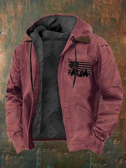 Men's Vintage Fleece Western Flag Elk Print Zip-Up Jacket