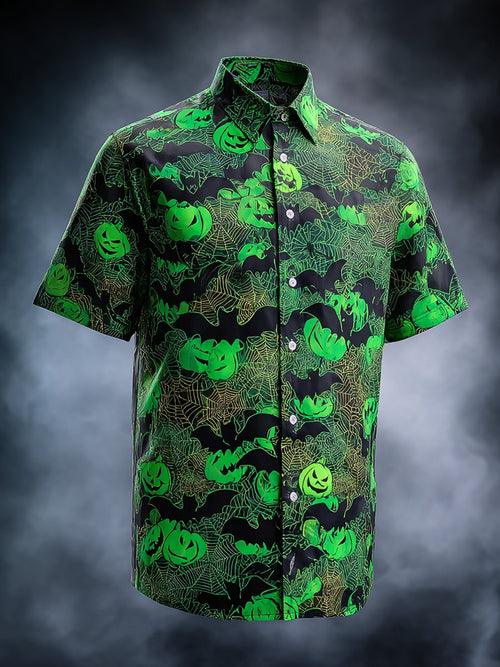 Men's Business Halloween Pumpkin Spiderweb Print Lapel Short Sleeve Shirt