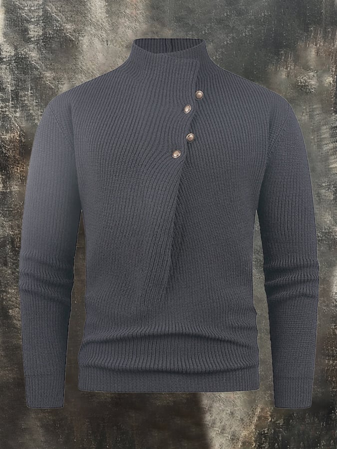 Men's Casual Warm Knitted Stand Collar Diagonal Button Sweater Base Layer