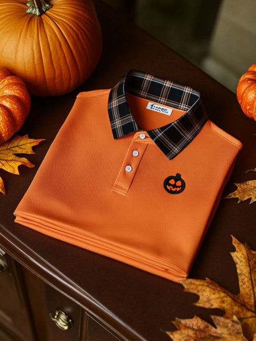 Men's Halloween Plaid Pumpkin Casual Print Polo Shirt