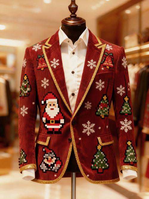 Men's Vintage Christmas Bell Santa Tree Print Casual Jacket