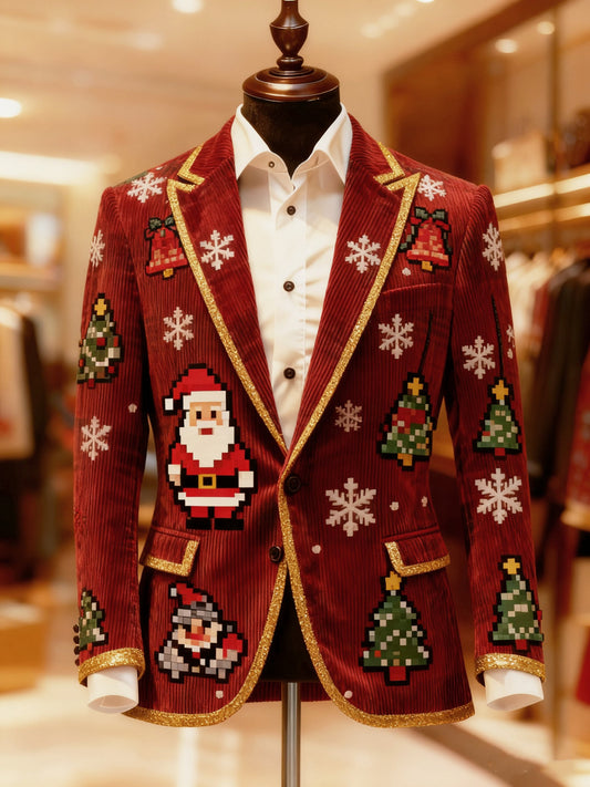 Men's Vintage Christmas Bell Santa Tree Print Casual Jacket