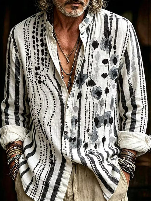 Men's Ink-Wash Texture Striped Print Long Sleeve Shirt