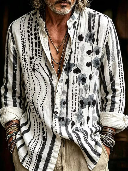 Men's Ink-Wash Texture Striped Print Long Sleeve Shirt